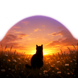 Silhouette of a cat sitting in a flower field at sunset with a rainbow overhead
